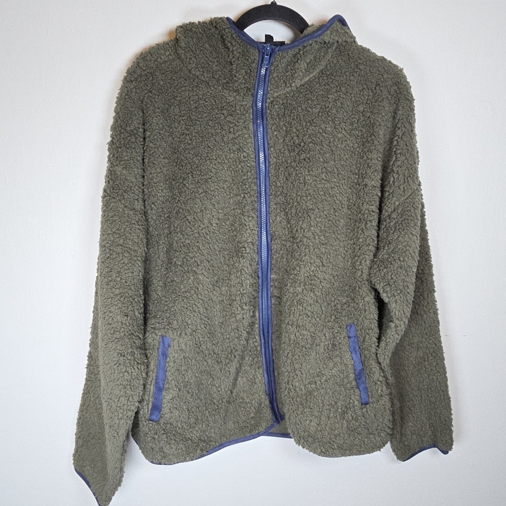 Perch by Blu Pepper Women's Zip Up Hooded Sherpa Jacket Pockets Green 2X Cozy
